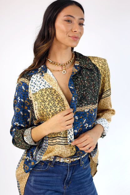 Blue Patchwork Silky Raglan Shirt - FINAL SALE