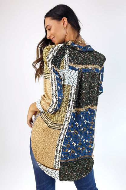 Blue Patchwork Silky Raglan Shirt - FINAL SALE