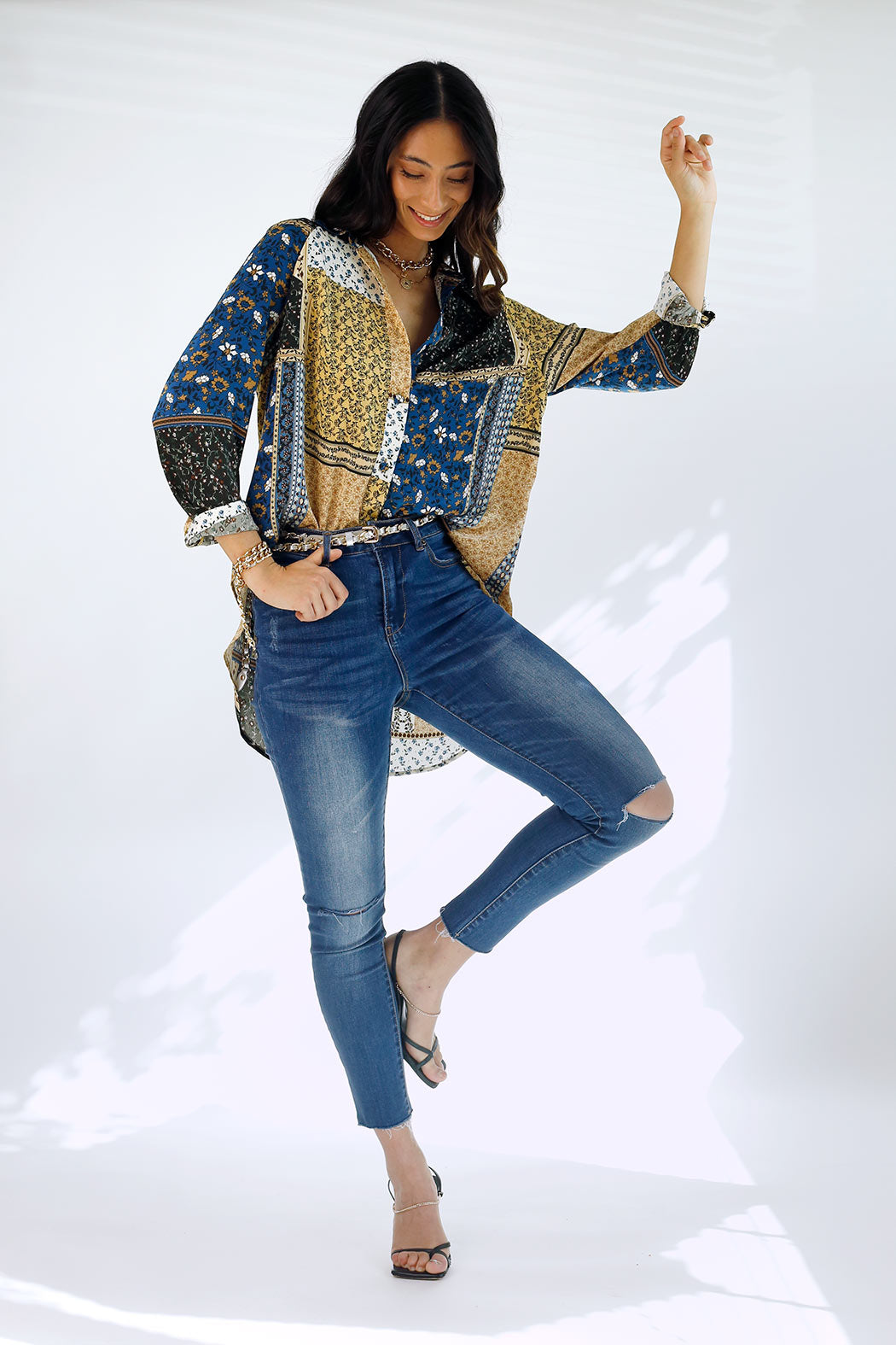 Blue Patchwork Silky Raglan Shirt - FINAL SALE