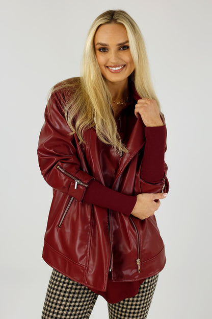Burgundy Vegan Leather Biker Jacket - SALE