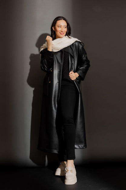 Black Faux Leather Trench Coat Black S