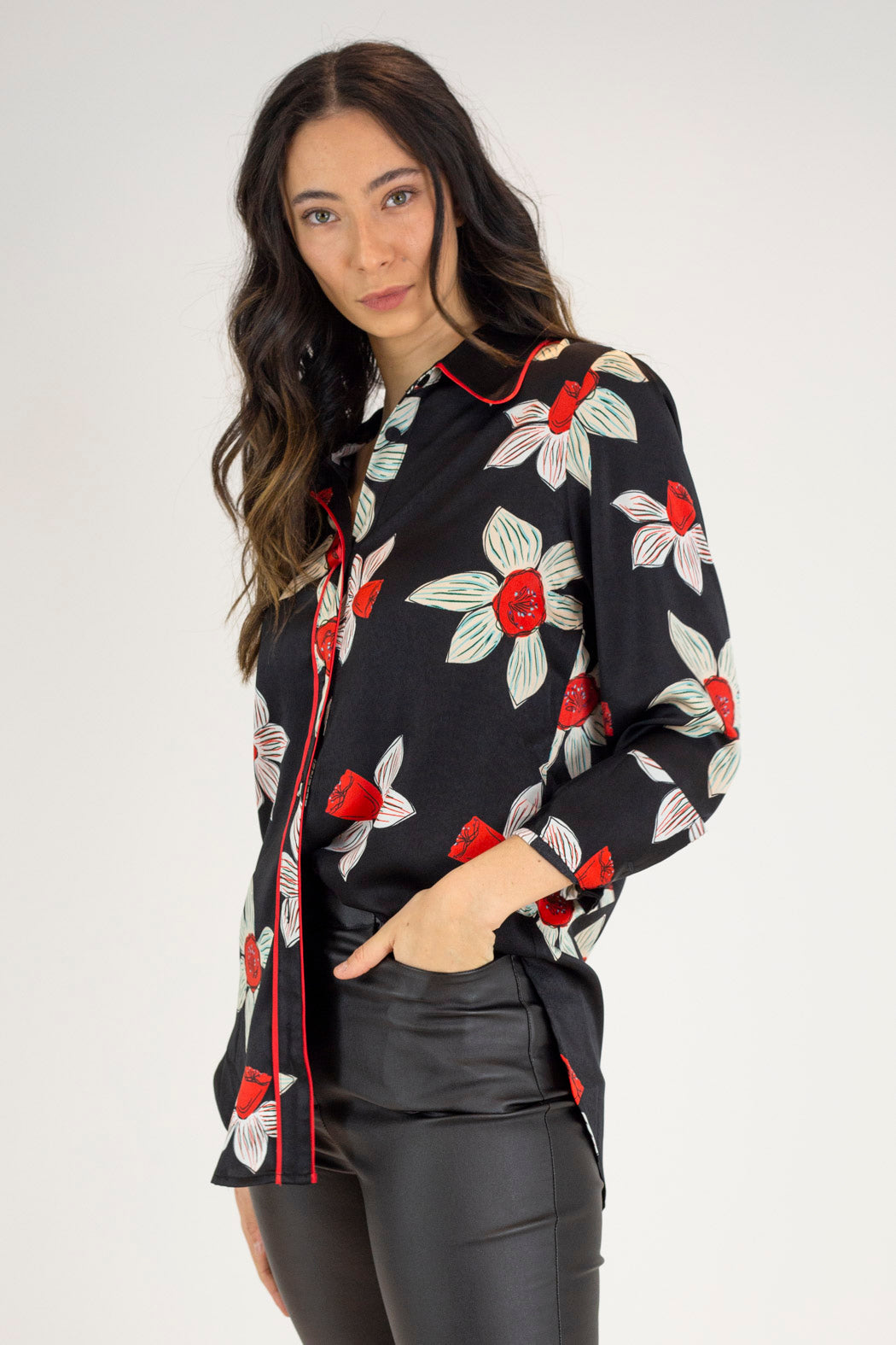 Black And Red Silky Piping Shirt - Final Sale