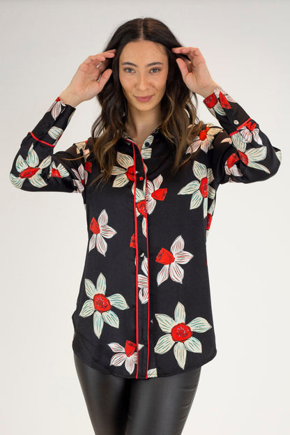 Black And Red Silky Piping Shirt - Final Sale