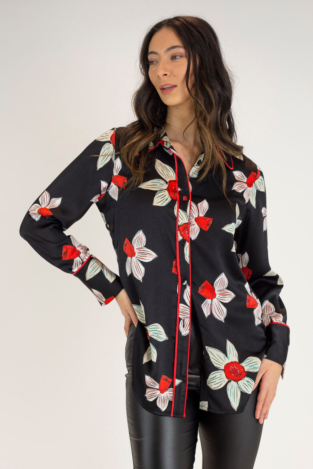 Black And Red Silky Piping Shirt - Final Sale