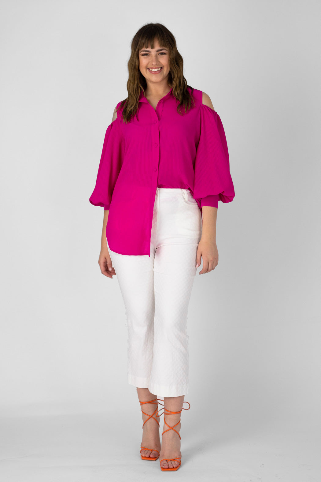 Bright Pink Chiffon Keyhole Shirt - Sale