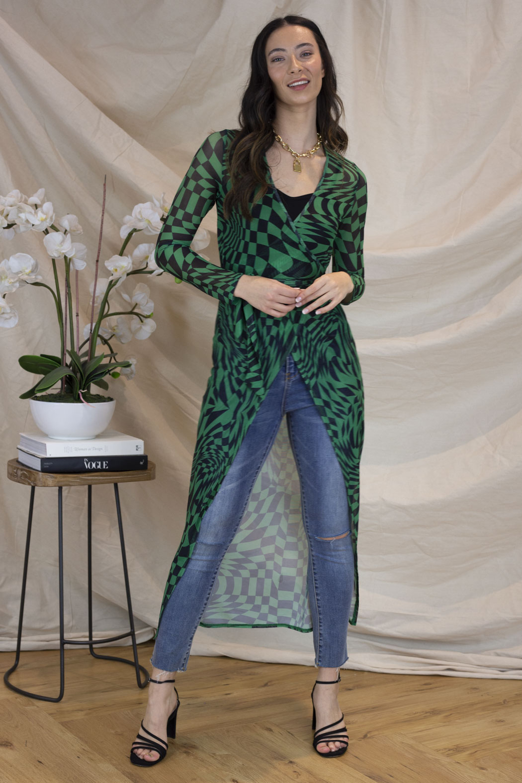 Black Green Mesh Wrap Dress - Final Sale