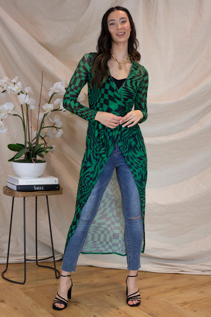 Black Green Mesh Wrap Dress - Final Sale