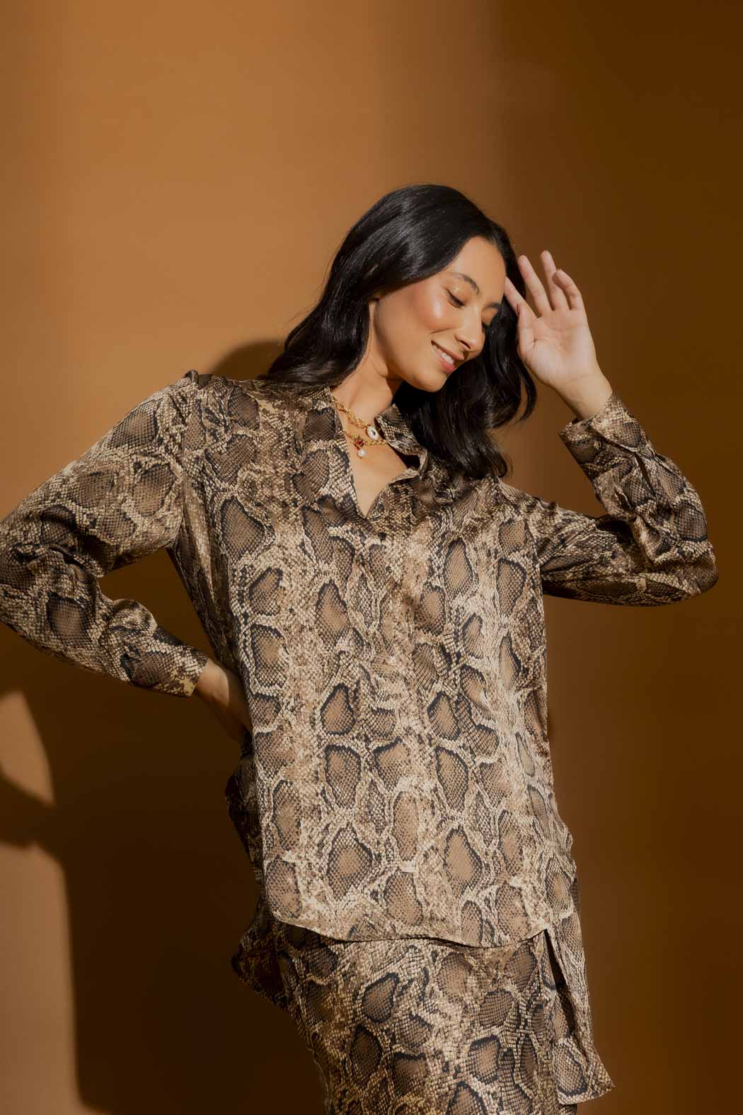 Brown Snake Silky Tuck Sleeve Blogger Shirt Brown Snake