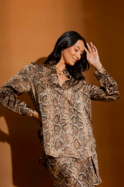 Brown Snake Silky Tuck Sleeve Blogger Shirt Brown Snake