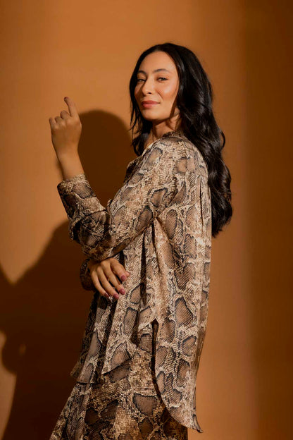 Brown Snake Silky Tuck Sleeve Blogger Shirt Brown Snake