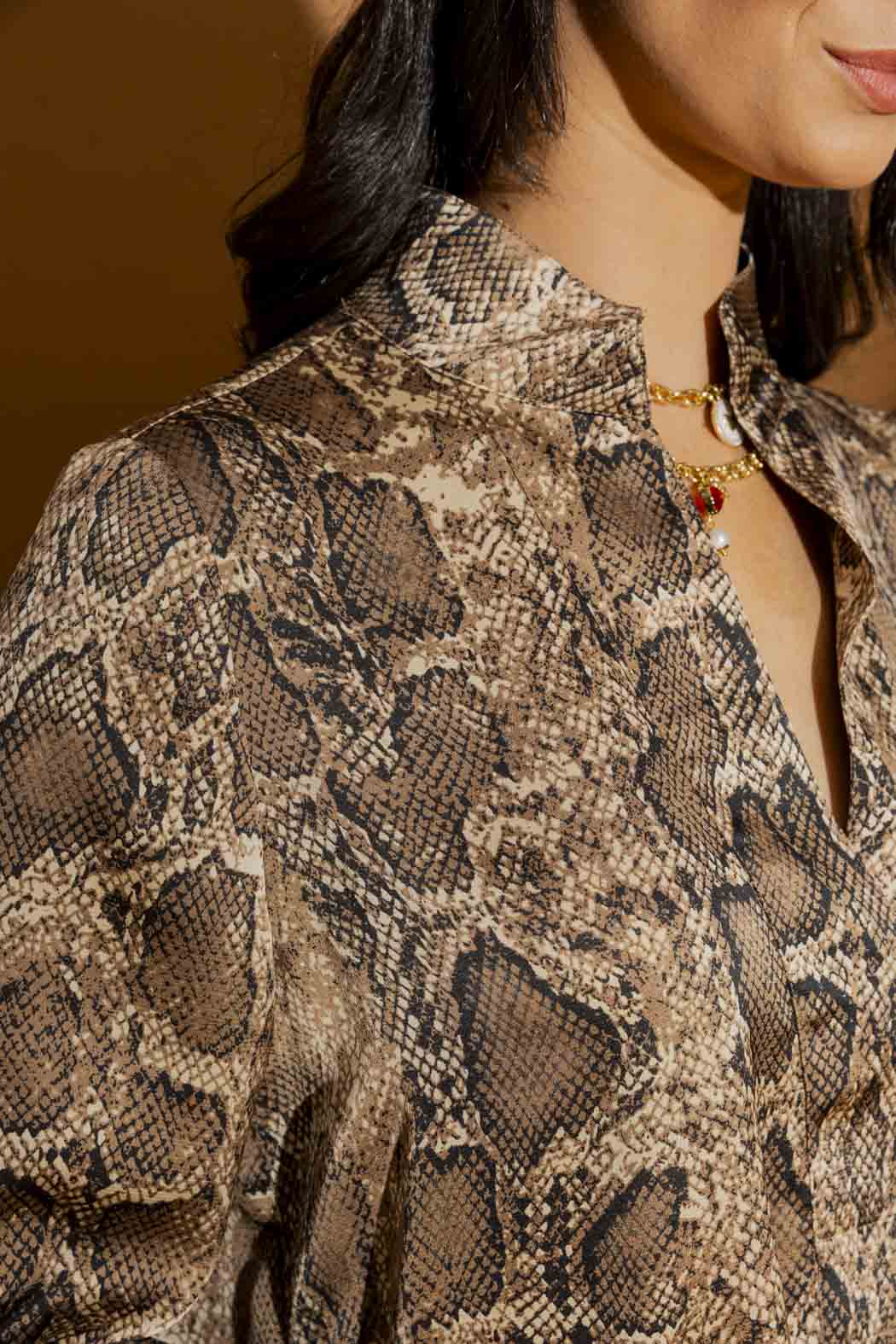 Brown Snake Silky Tuck Sleeve Blogger Shirt Brown Snake