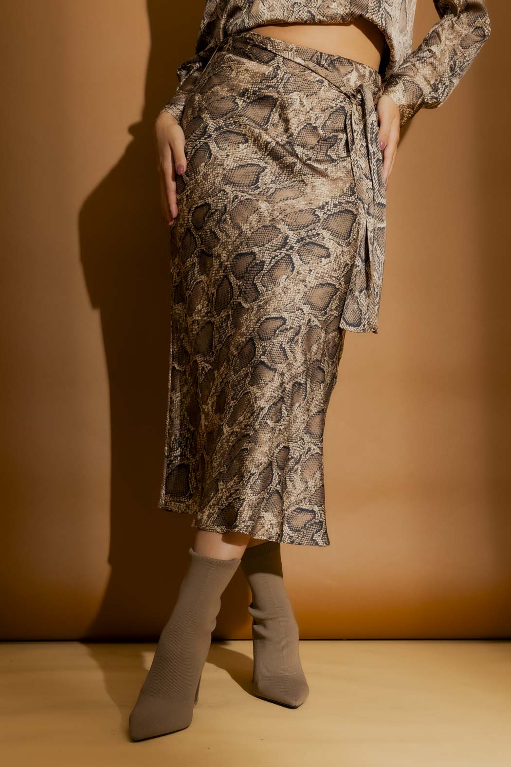 Brown Snake Silky Bias Belted Skirt Brown Snake
