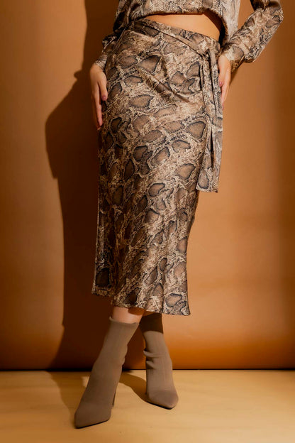 Brown Snake Silky Bias Belted Skirt Brown Snake