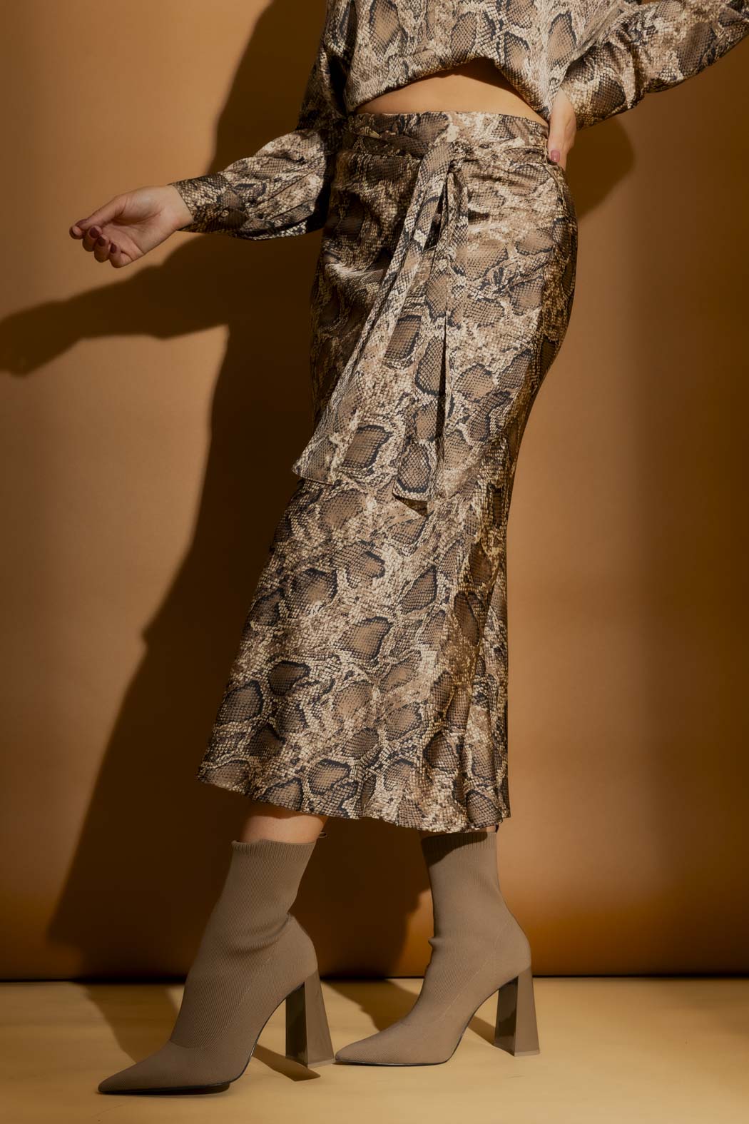 Brown Snake Silky Bias Belted Skirt Brown Snake