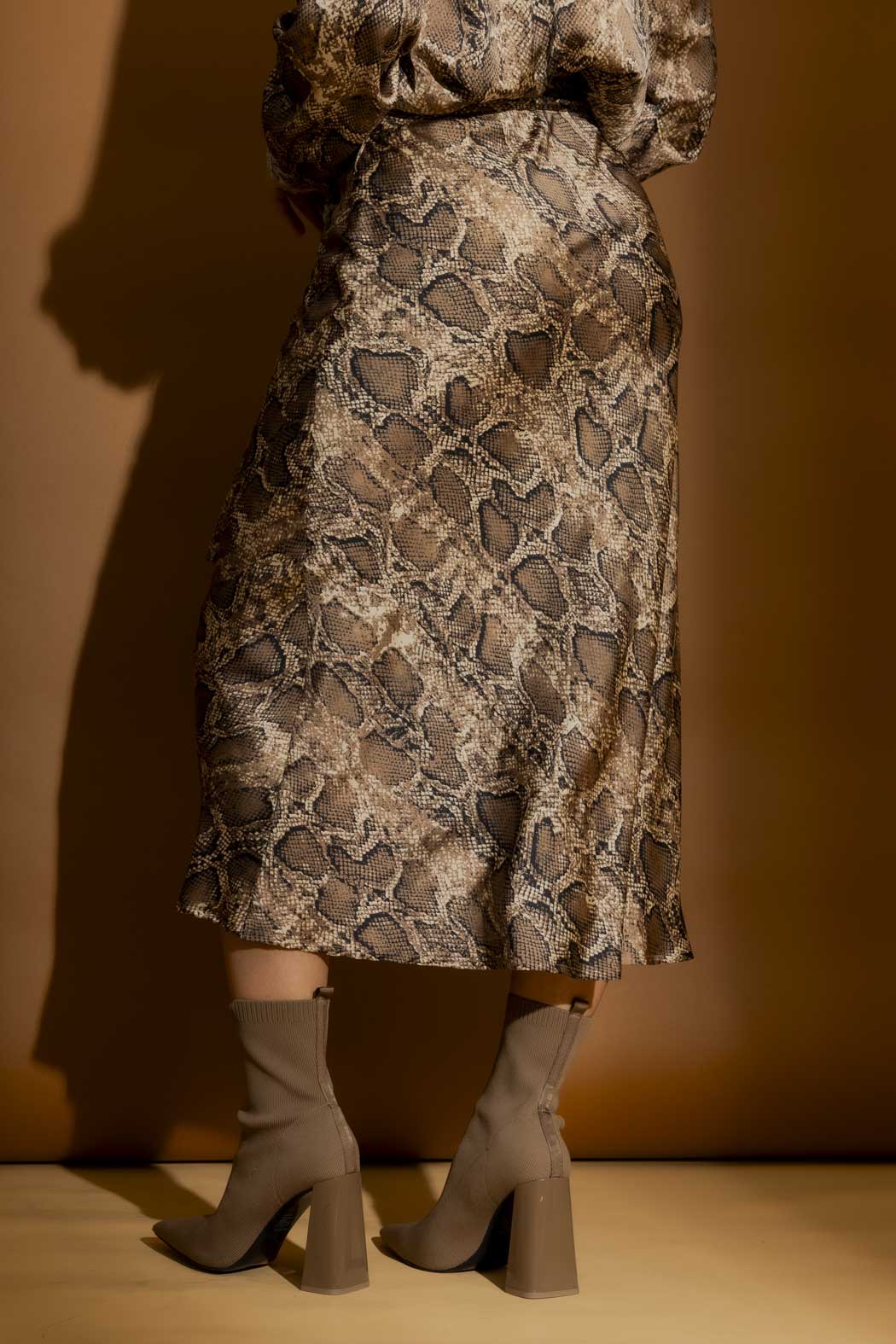 Brown Snake Silky Bias Belted Skirt Brown Snake