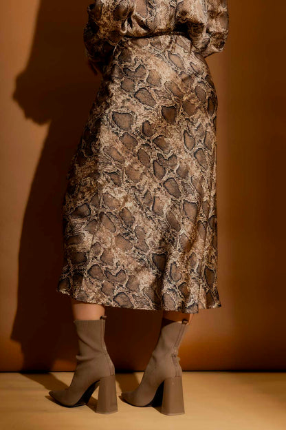 Brown Snake Silky Bias Belted Skirt Brown Snake