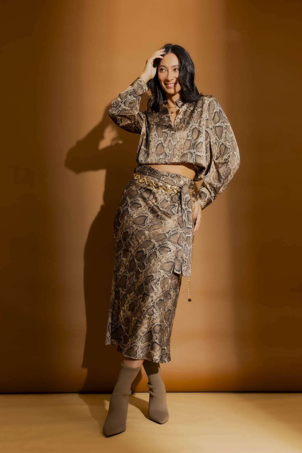 Brown Snake Silky Bias Belted Skirt Brown Snake