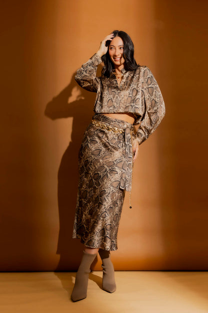 Brown Snake Silky Bias Belted Skirt Brown Snake