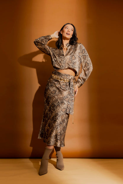Brown Snake Silky Tuck Sleeve Blogger Shirt Brown Snake