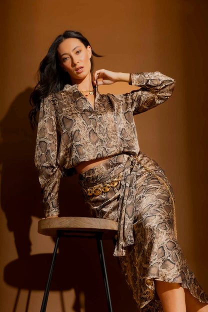 Brown Snake Silky Tuck Sleeve Blogger Shirt Brown Snake