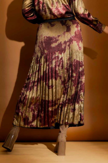 Burgundy/Gold Pleat Maxi Skirt Burgundy/Gold S