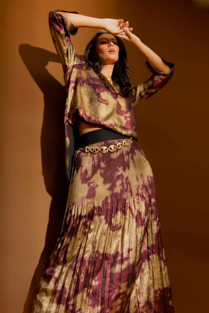 Burgundy/Gold Pleat Maxi Skirt Burgundy/Gold S