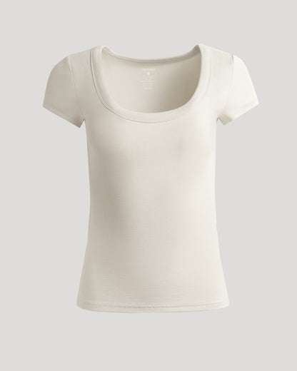 Womens Oatmeal Ribbed U-Neck Tee