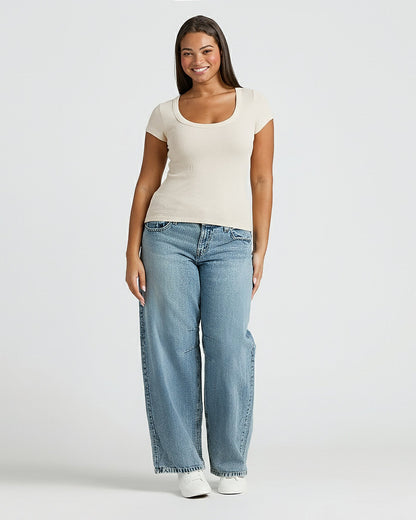 Womens Oatmeal Ribbed U-Neck Tee