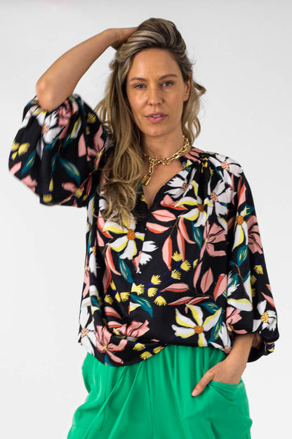 Black Floral Silky Bailey Blouse - Final Sale
