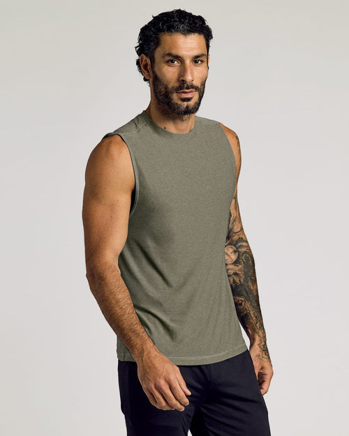 Heather Military Green Sleeveless Active Muscle Tee