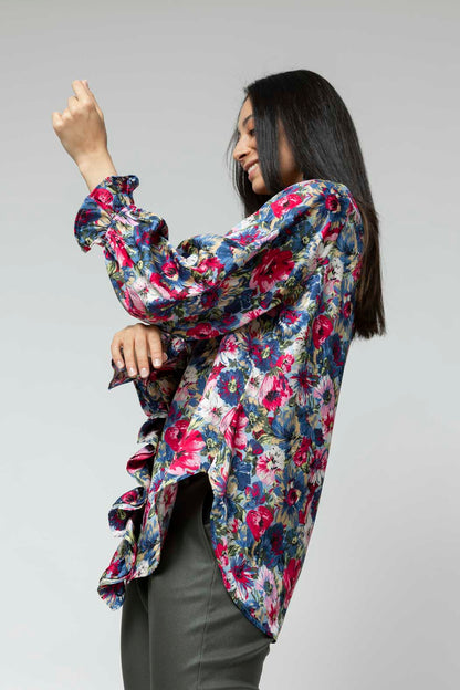 Blue Floral Double Frill Blouse