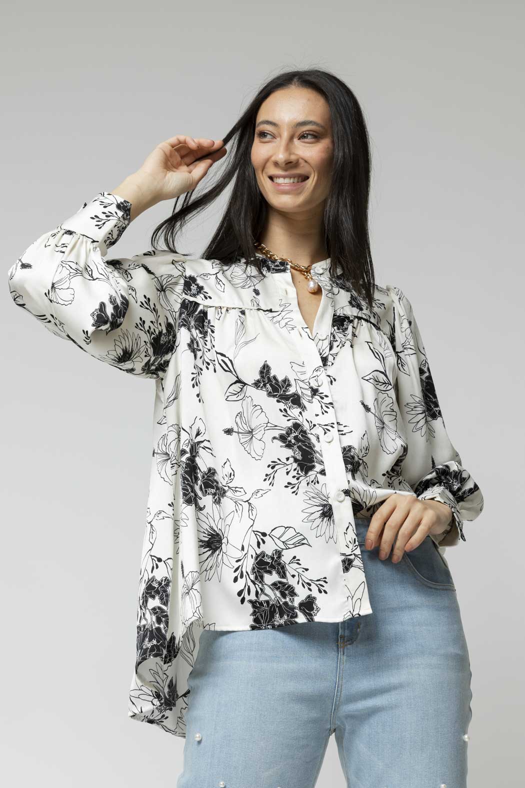 Black White Gathered Shirt