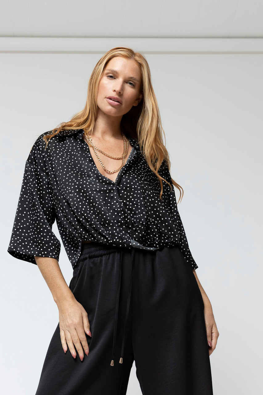 Black Polka Dot Crop Twist Shirt - Sale
