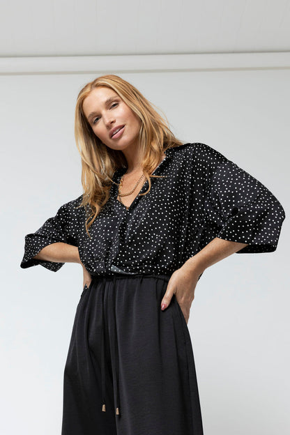 Black Polka Dot Crop Twist Shirt - Sale