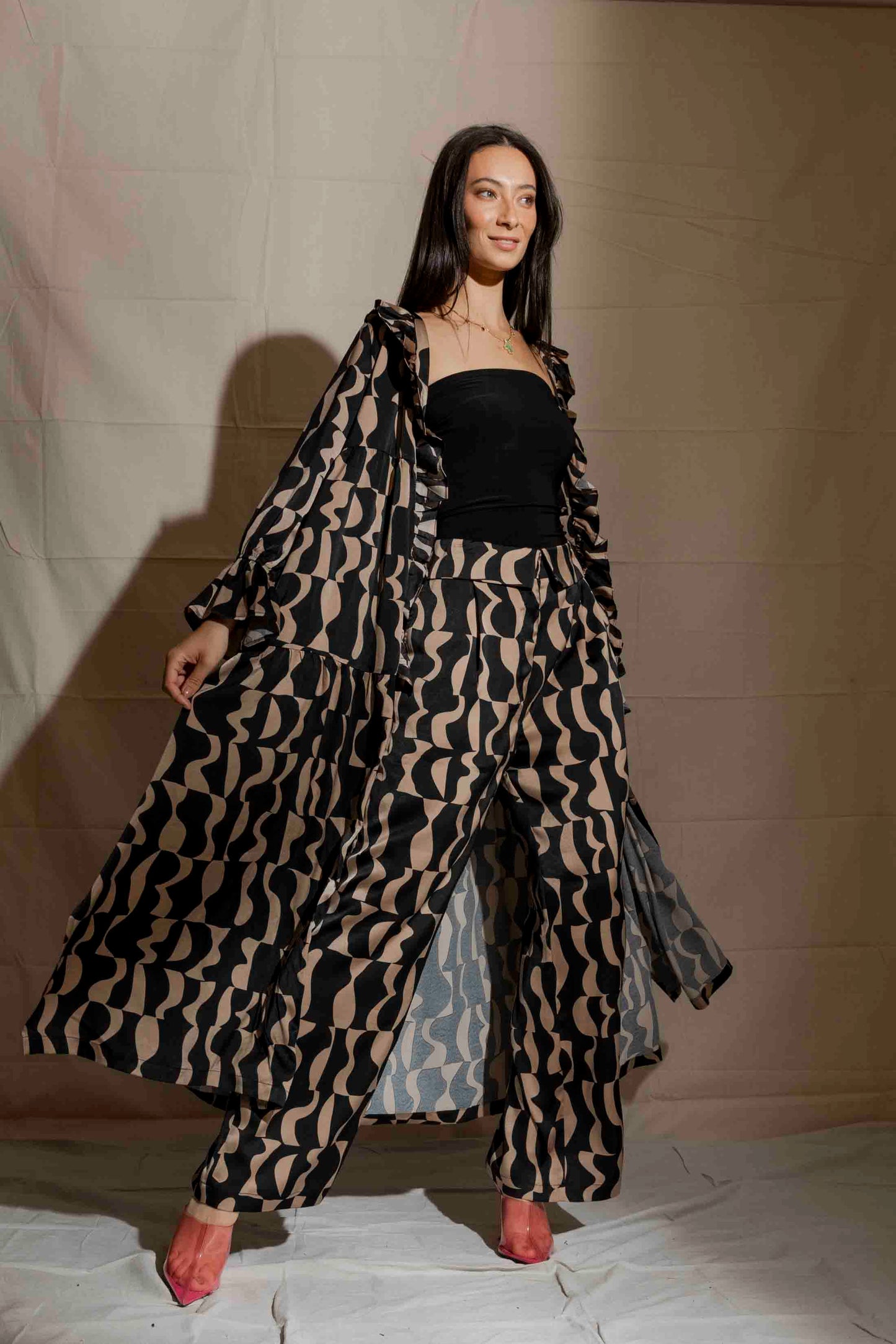 Black/taupe Silky Ruffle Dress