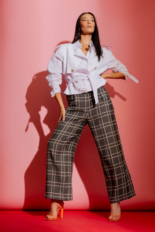 Black Check Linen Crop Cleo Pant
