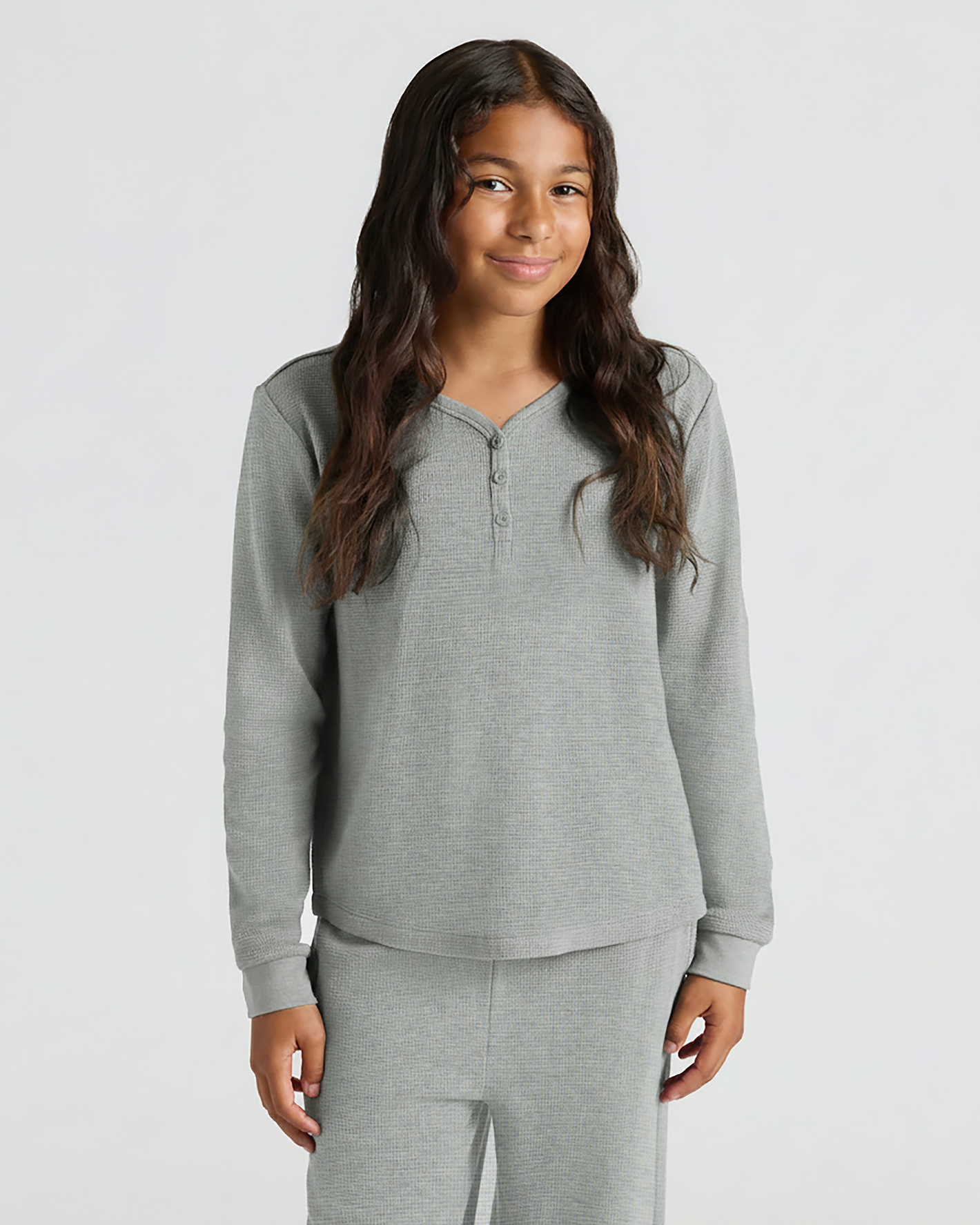 Girls Heather Gray Long Sleeve Boxy Waffle Henley