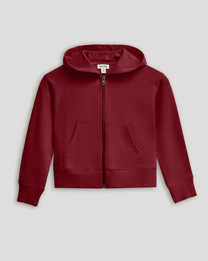 Girls Dark Maroon Cropped Zip Hoodie