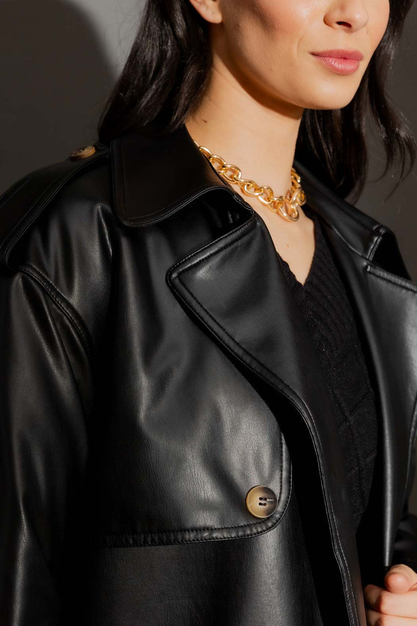 Black Faux Leather Trench Coat Black S