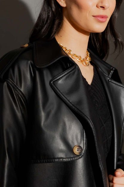Black Faux Leather Trench Coat Black S