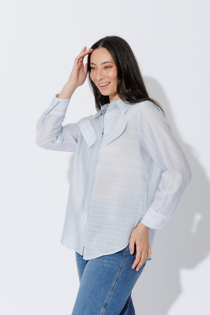 Blue Tencel Stripe Pocket Shirt