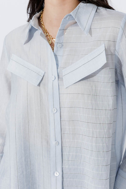 Blue Tencel Stripe Pocket Shirt