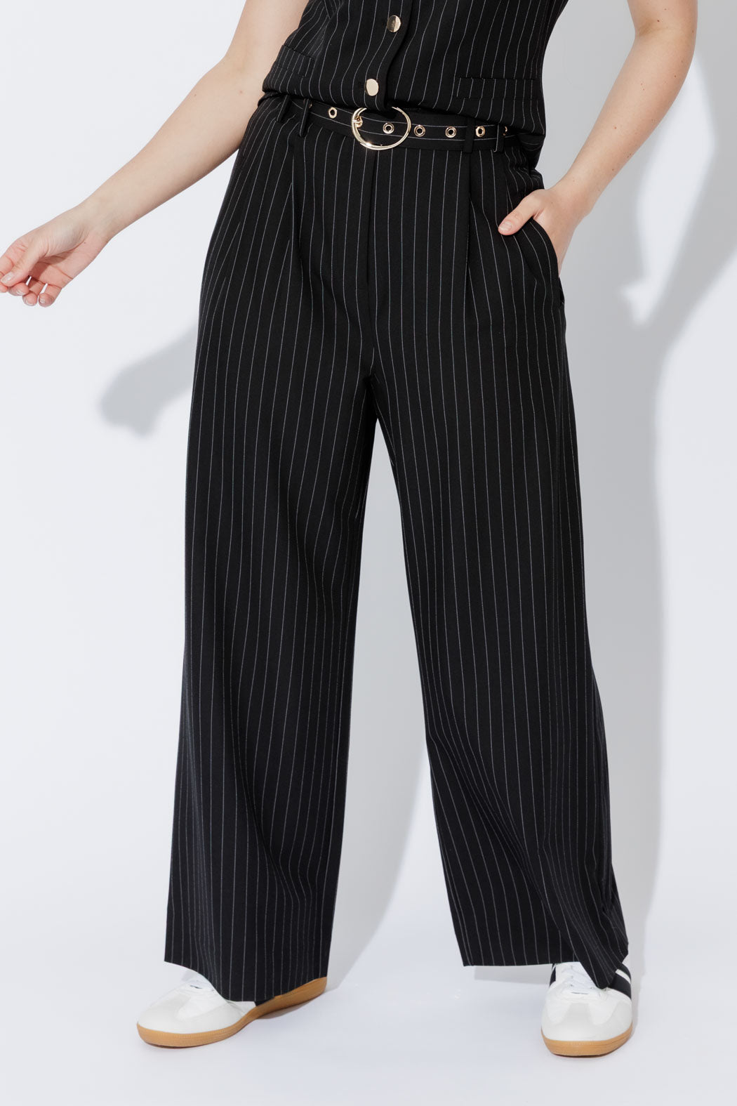 Black Stripe Cleo Belted Pant