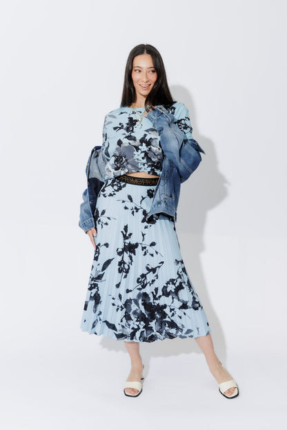 Blue Floral Pleat Skirt
