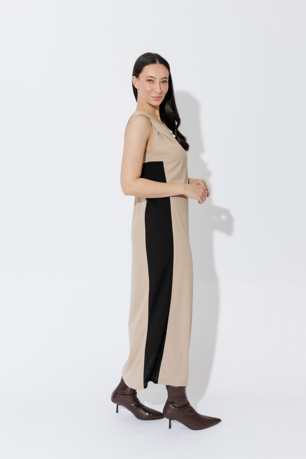 Beige Twist Shoulder Dress