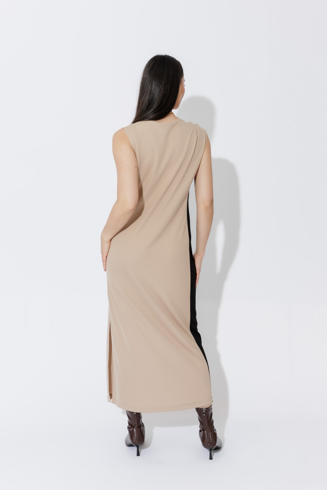 Beige Twist Shoulder Dress
