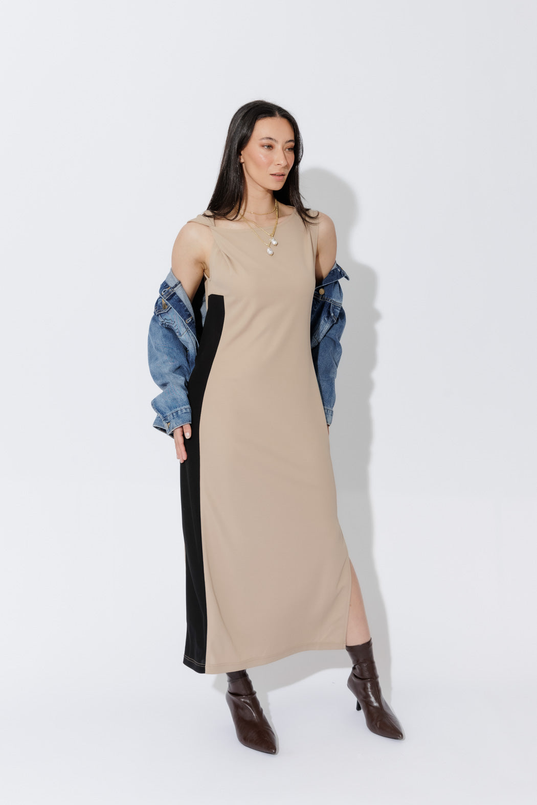 Beige Twist Shoulder Dress