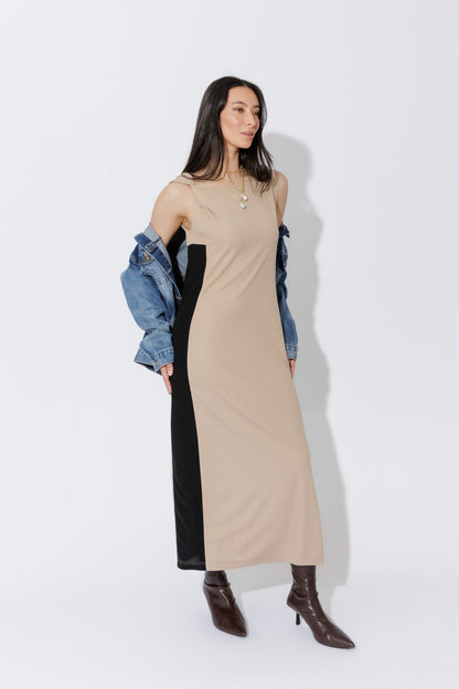 Beige Twist Shoulder Dress