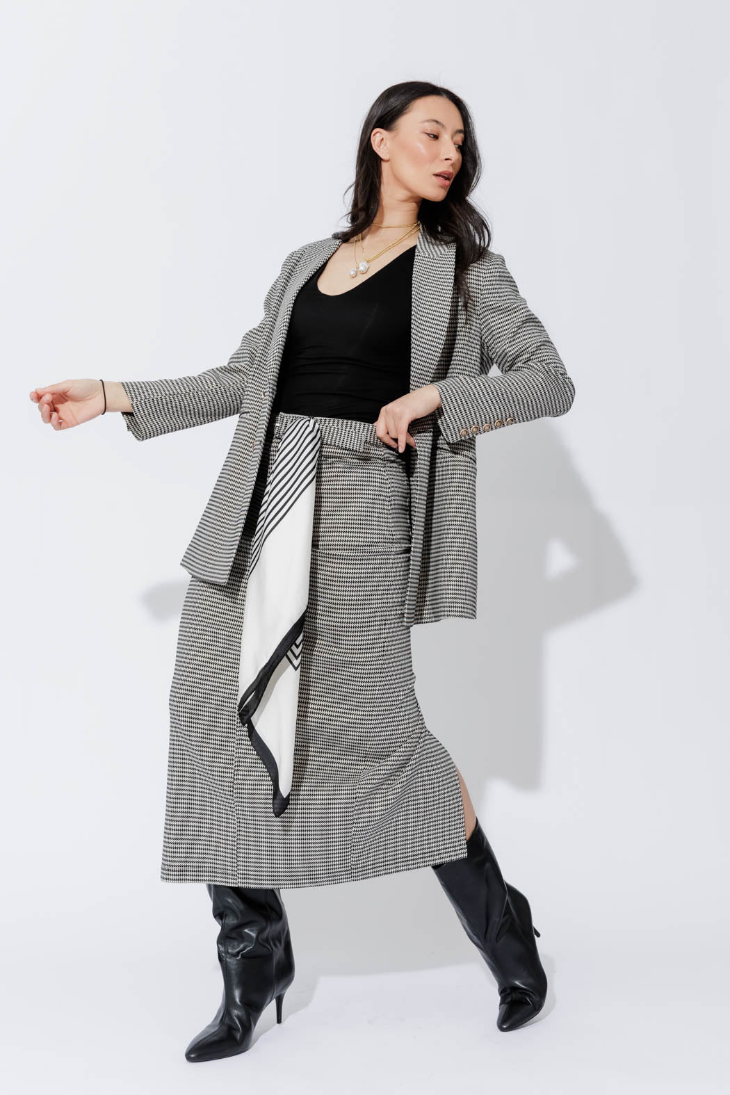Black/White Lurex Belted Midi Skirt