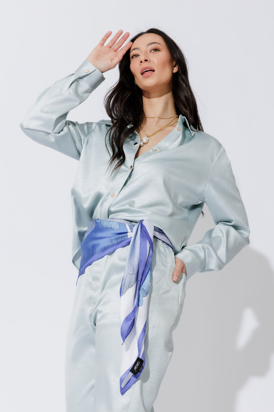 Blue Floral Silky Scarf